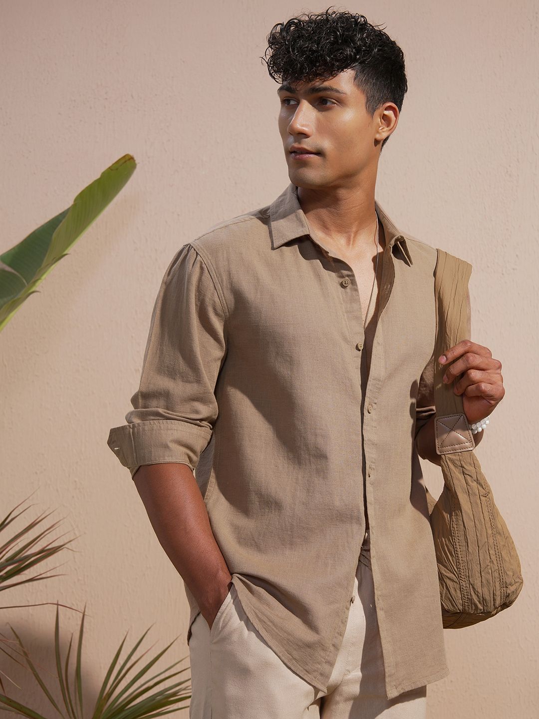 HIGHLANDER Spread Collar Long Sleeves Cotton Linen Relaxed Fit Shirt