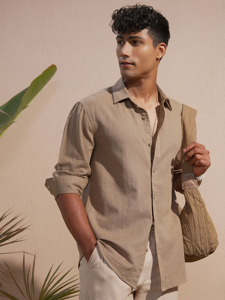 HIGHLANDER Spread Collar Long Sleeves Cotton Linen Relaxed Fit Shirt