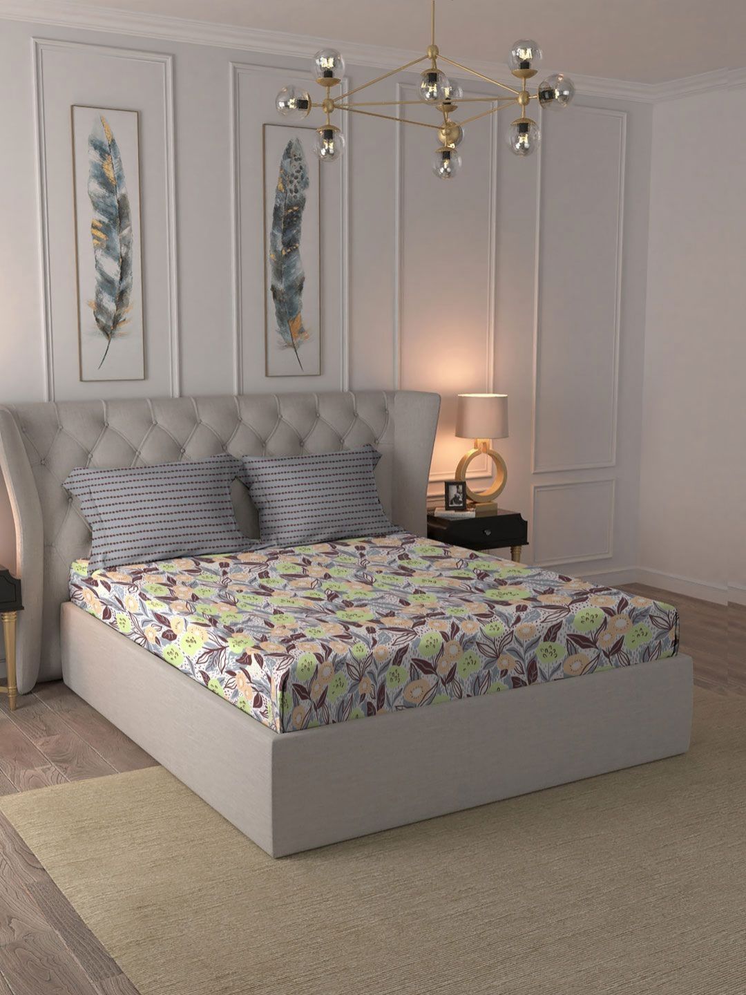 MYTRIDENT Jasmine Brown Moments Flat 120TC Queen Cotton 1 Bedsheet with 2 Pillow Covers
