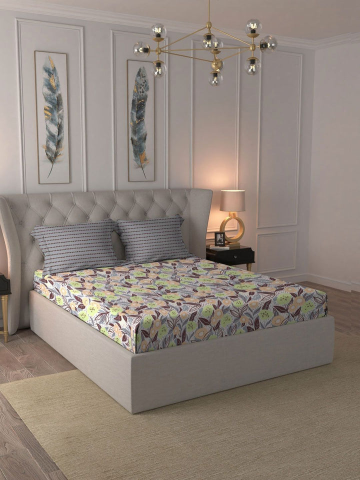 MYTRIDENT Jasmine Brown Moments Flat 120TC Queen Cotton 1 Bedsheet with 2 Pillow Covers