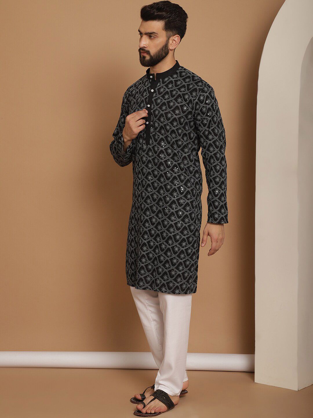 Anouk Ethnic Motifs Mandarin Collar Long Sleeves Pure Cotton Kurta Set