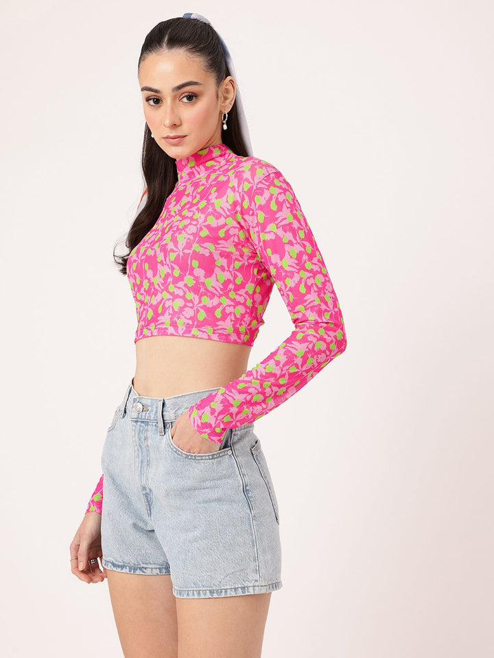DressBerry Gentle Bloom Printed Soft Mesh Semi Sheer Fitted Crop Top