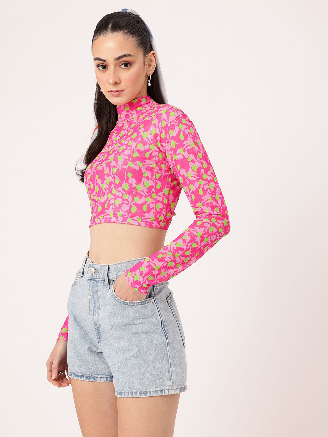 DressBerry Gentle Bloom Printed Soft Mesh Semi Sheer Fitted Crop Top