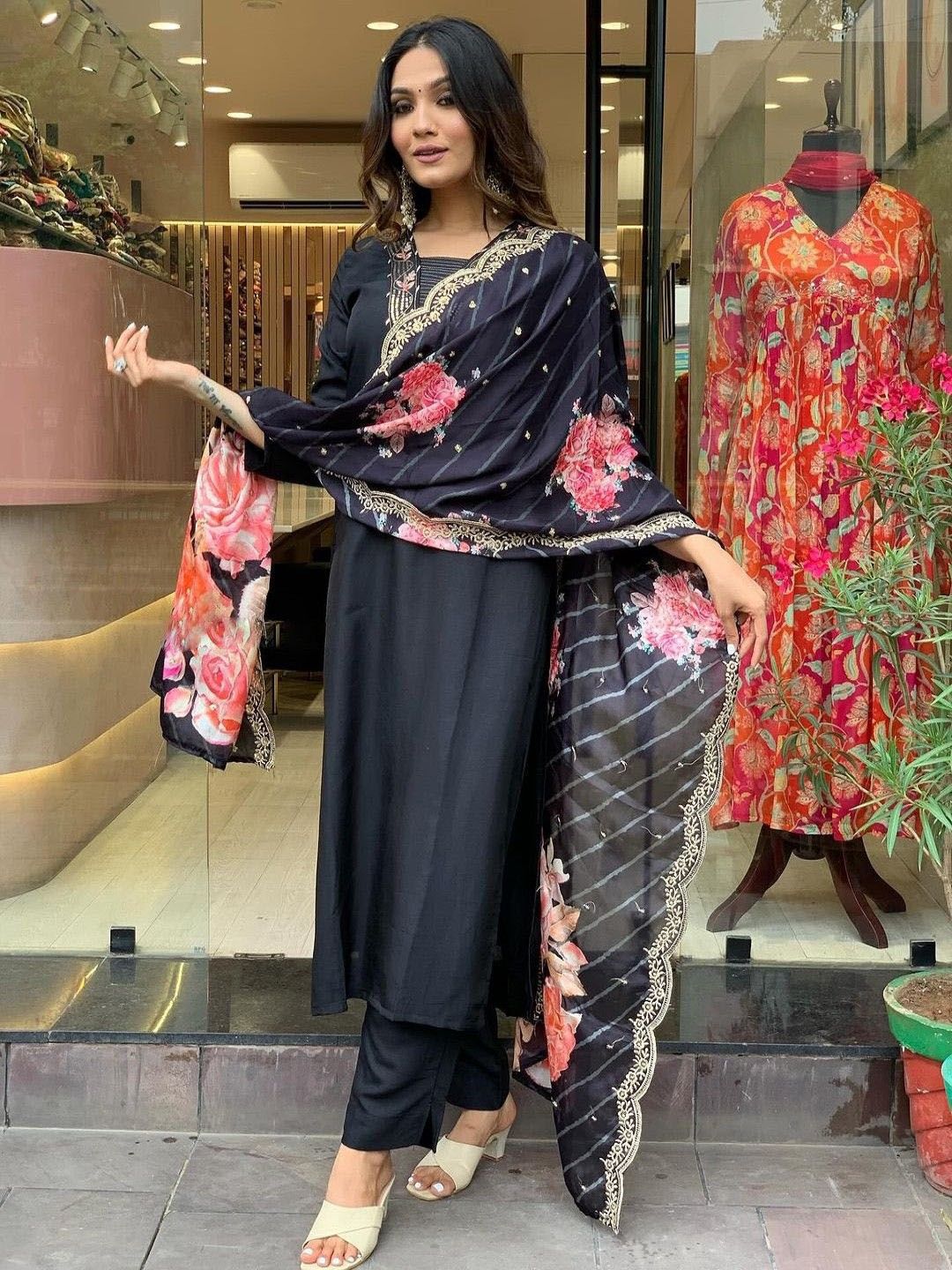 KALINI Women Floral Embroidered Regular Thread Work Kurta with Trousers & With Dupatta