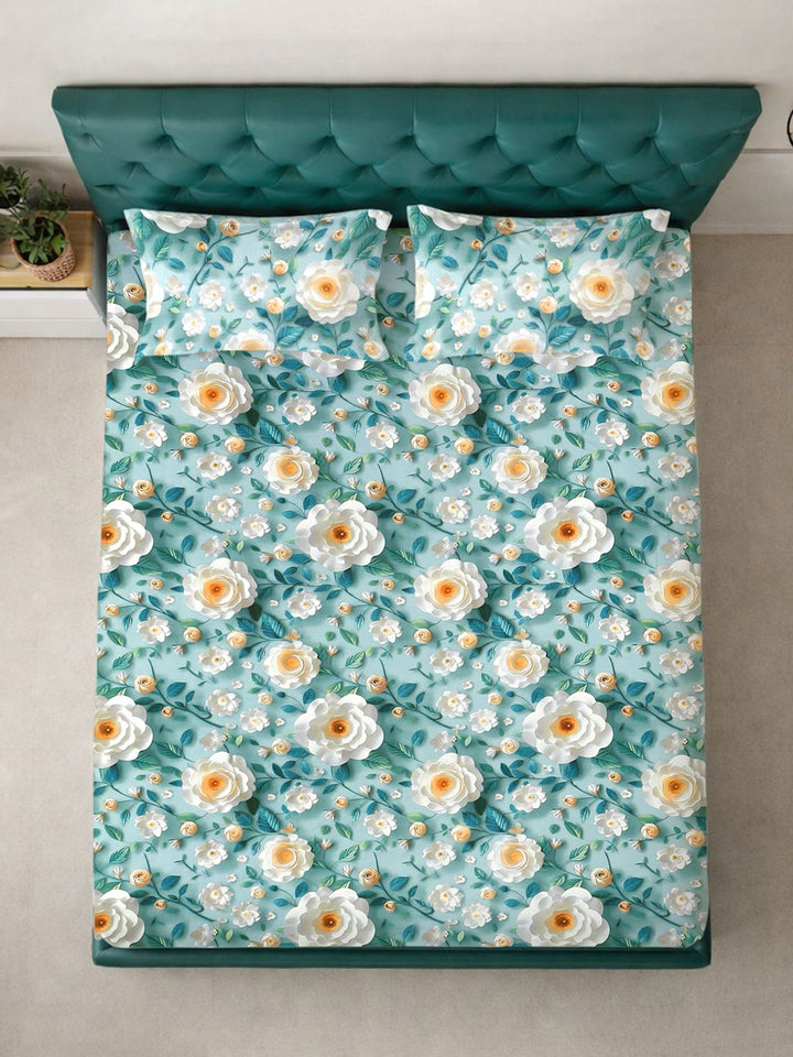 KLOTTHE Turquoise Blue Floral Printed Dilengkapi 300 TC King 7D Cadar Dengan 2 Sarung Bantal