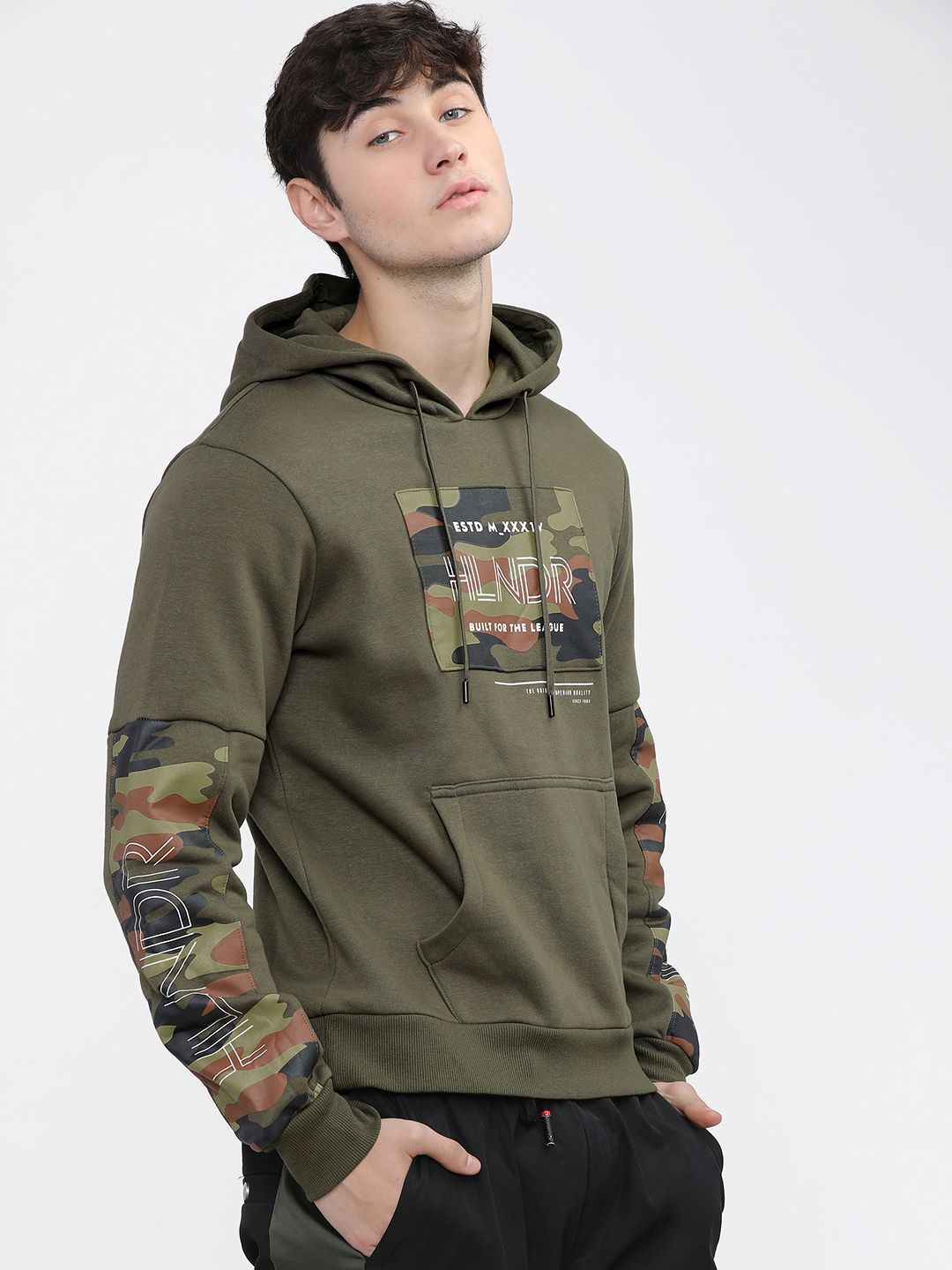 HIGHLANDER Men Typography Printed Hood Cotton Pullover Sweatshirt