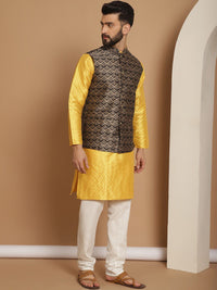 Motif Etnik Mustard Anouk Rekaan Tenunan Kurta Lurus Dengan Jaket Churidar & Nehru