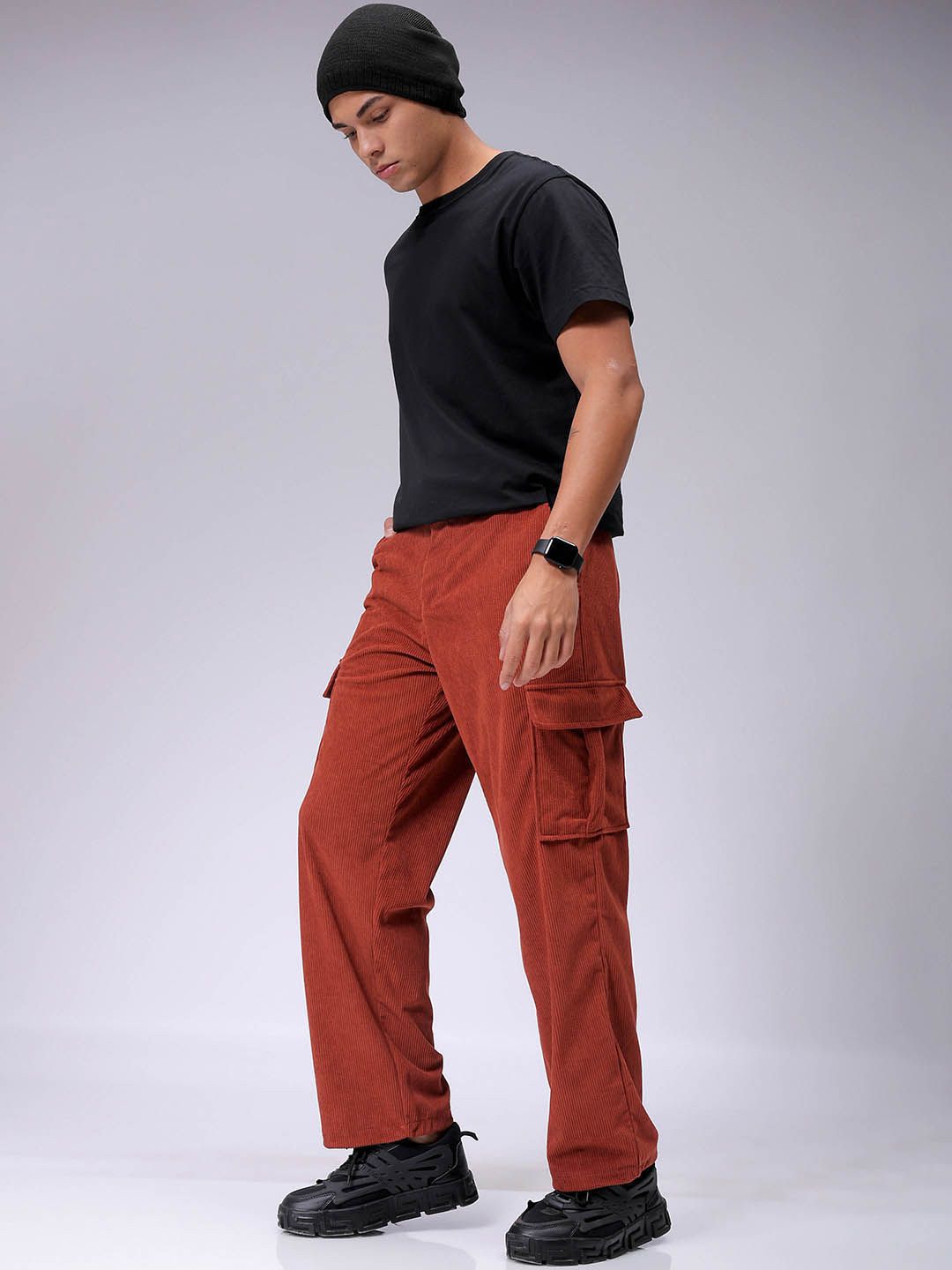 The Indian Garage Co Men Textured Loose Fit Cargos Trousers
