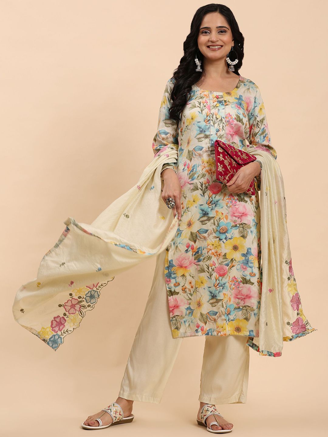 Mamicha Women Floral Printed Regular Thread Work Pure Cotton Kurta with Palazzos & With Dupatta