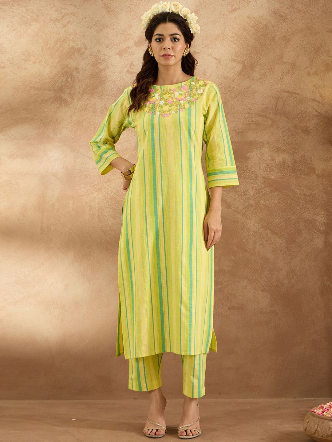 Indo Era Women Floral Embroidered Regular Thread Work Pure Cotton Kurta with Trousers