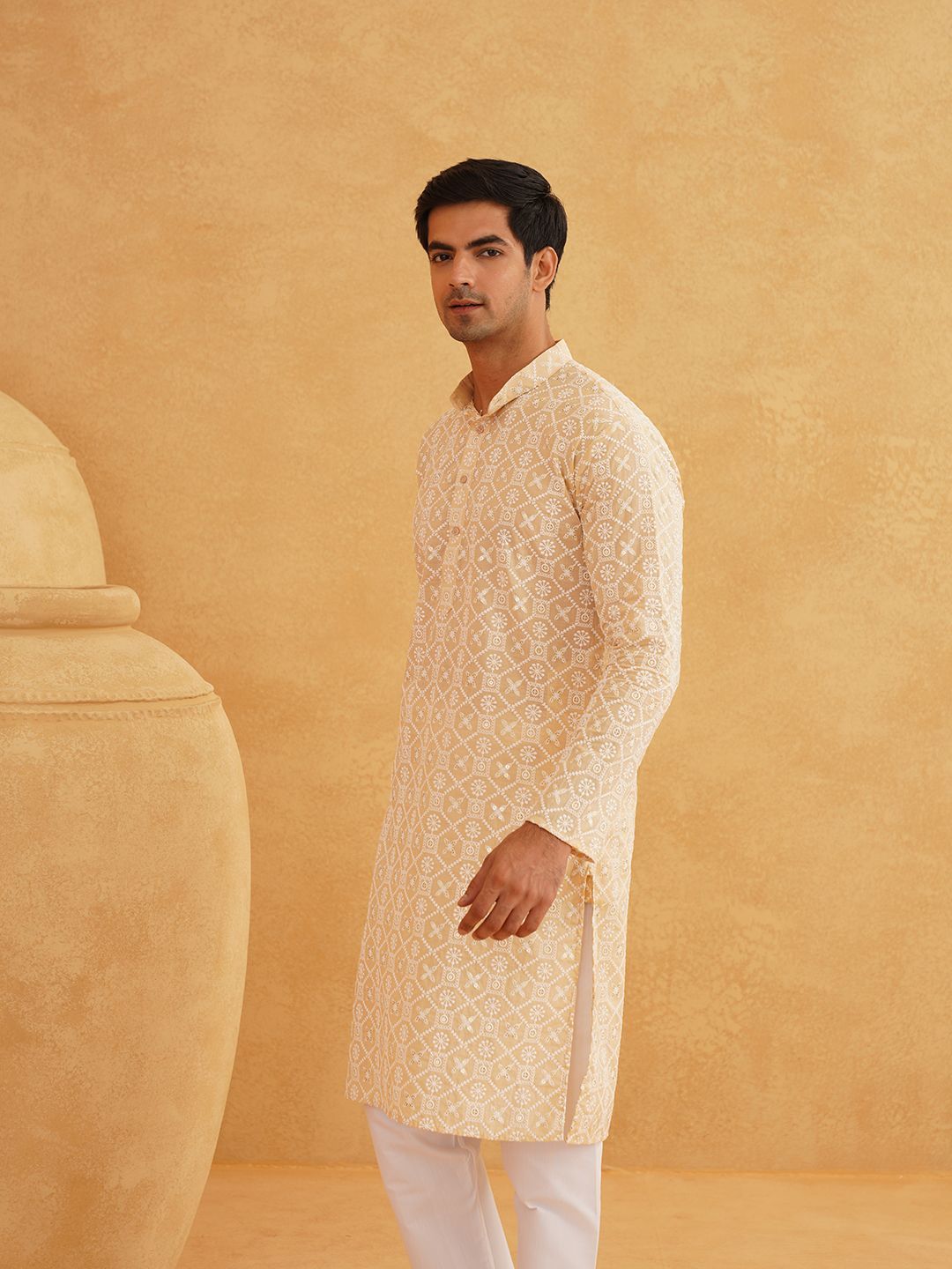 SOJANYA Chikankari Sulam Band Collar Pure Cotton Straight Long Kurta