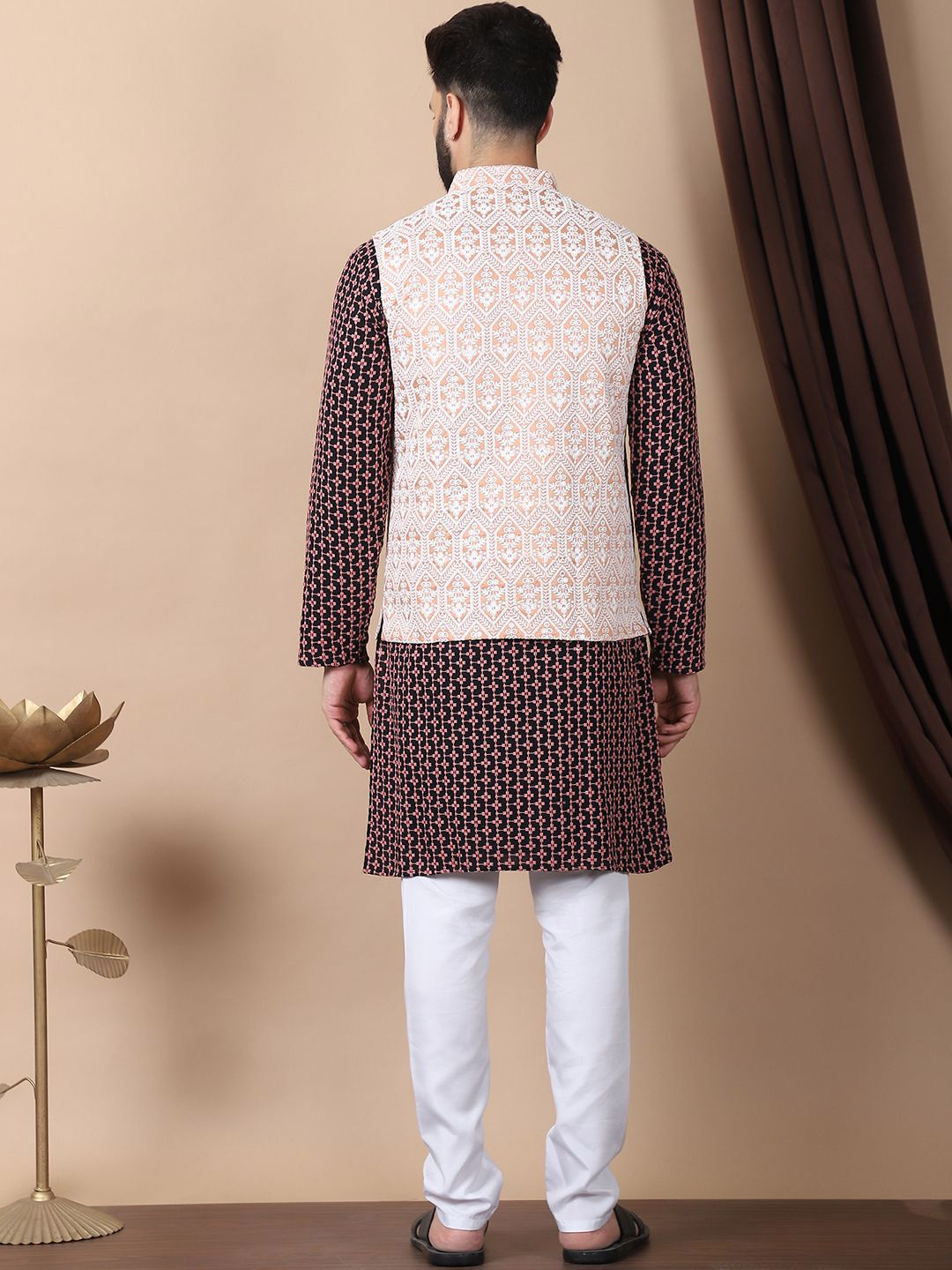 Anouk Coral Floral Embroidered Sequinned Pure Cotton Kurta with Churidar & Nehru Jacket