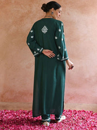 House of Chikankari Women Bottle Green Rayon Chikankari Embroidered Kurta Set
