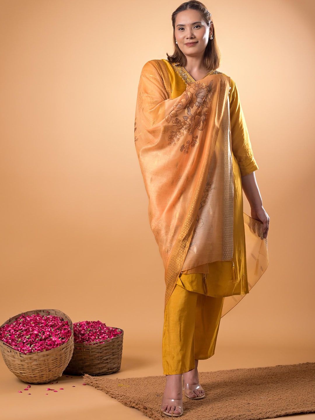 Mamicha Women Floral Embroidered Beads and Stones Pure Cotton Kurta with Trouser & Dupatta