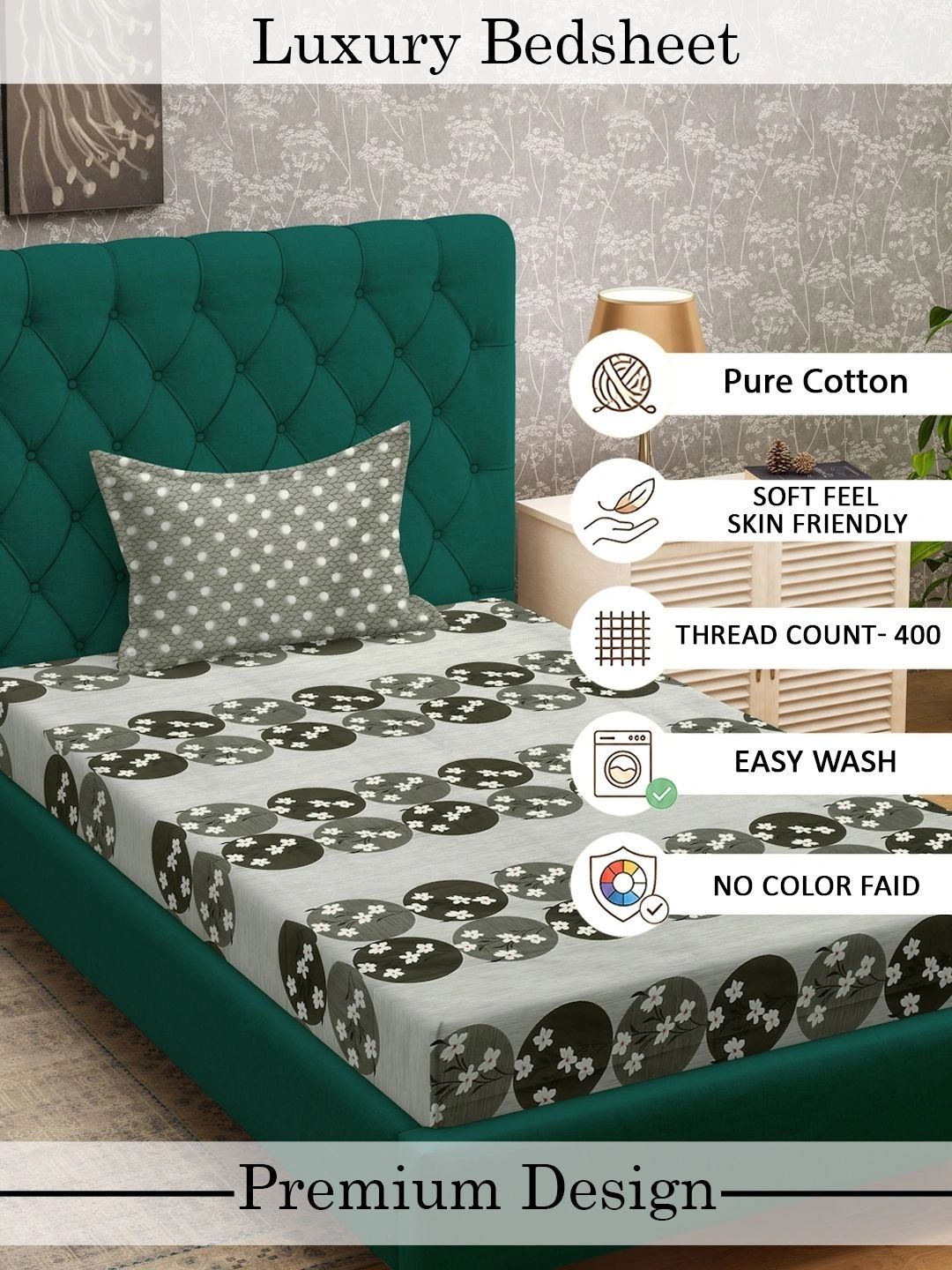 Myntra Elegant Homes Hijau Zaitun & Coklat Bunga 400 TC Cadar Single dengan 1 Sarung Bantal