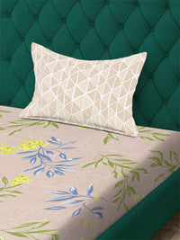 Aura Beige & Blue Floral Printed 300 TC Fitted Single Bedsheet Set 1.5 m x 2.2 m