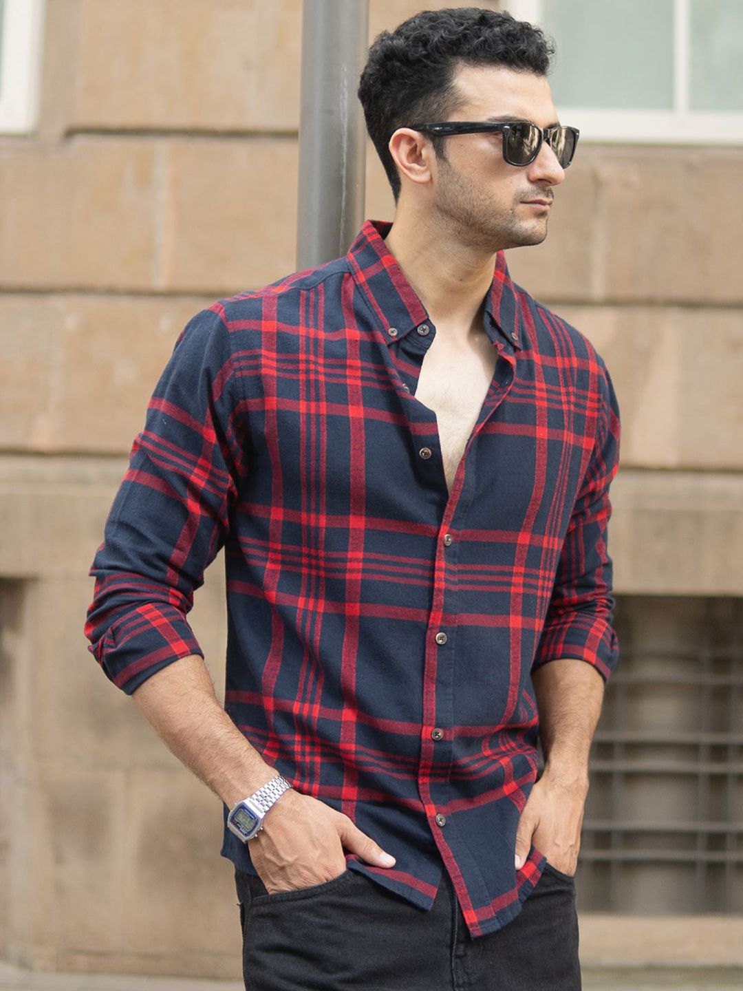 Powerlook Men Tartan Checked Spread Collar Cotton Casual Shirt