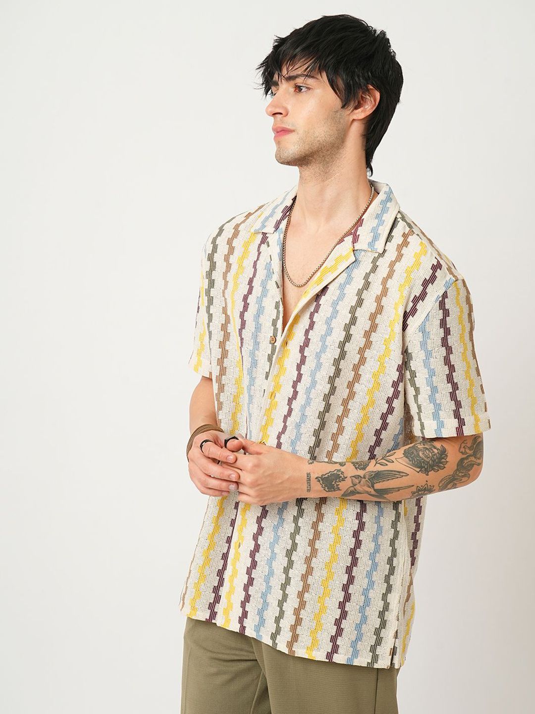 VASTRADO Men Classic Cuban Collar Vertical Striped Cotton Oversized Casual Shirt