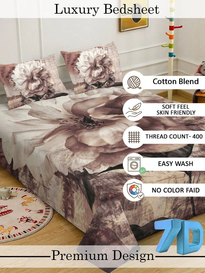 KLOTTHE Brown Floral Printed 400TC Double King 7D Bedsheet With 2 Pillow Cover-250X225 cm