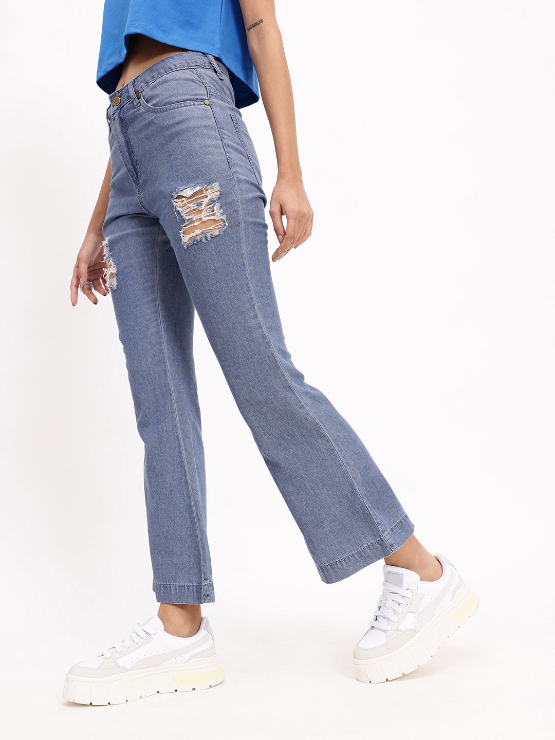 DressBerry Women Fresh And Modern Distressed Pure Cotton Flared Jeans