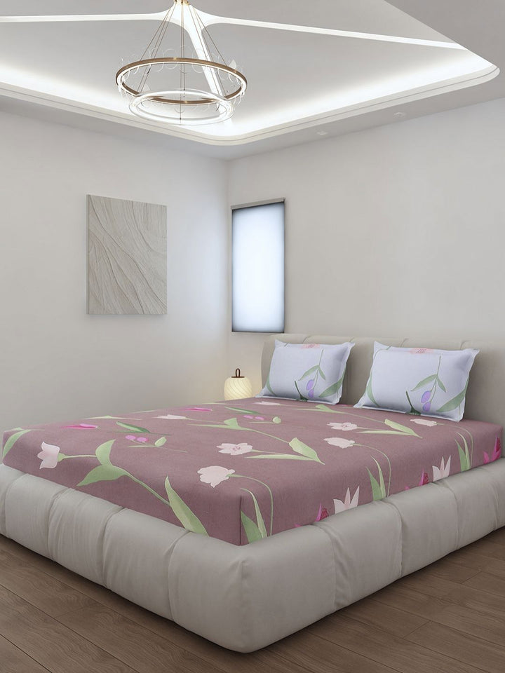 Monte Carlo Edmond Pink & Green Floral Printed 144 TC King Bedsheet Set 2.70 m x 2.70 m