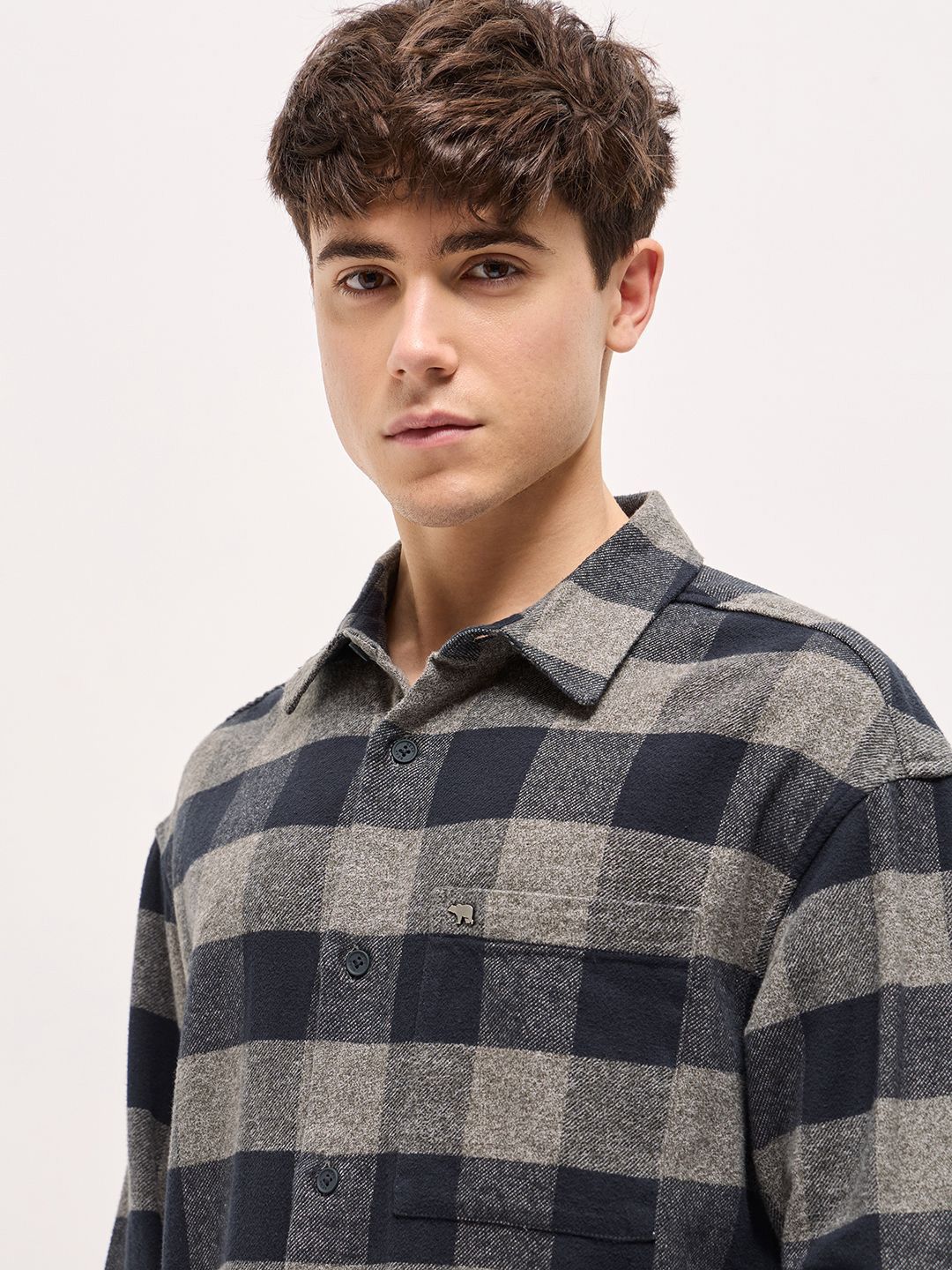 THE BEAR HOUSE Men Spread Collar Buffalo Checked Cotton Shirt