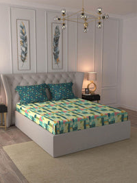 MYTRIDENT Dusk and Dawn Blue & Green Abstract Cotton Queen Bedsheet with 2 Pillow Covers