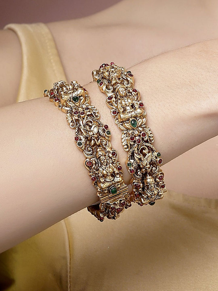 Karatcart Set 2 Gold Plated Kundan Stone Stone Laxmi Mata Temple Bangles