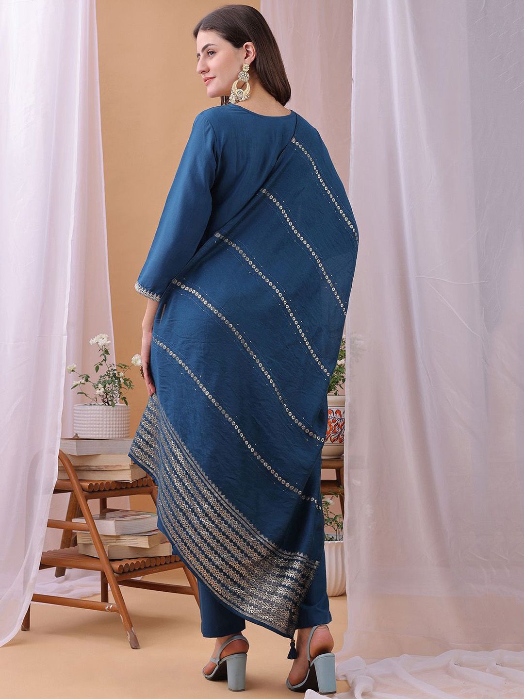 KALINI Women Woven Design Embroidered Kurta with Trousers & Dupatta