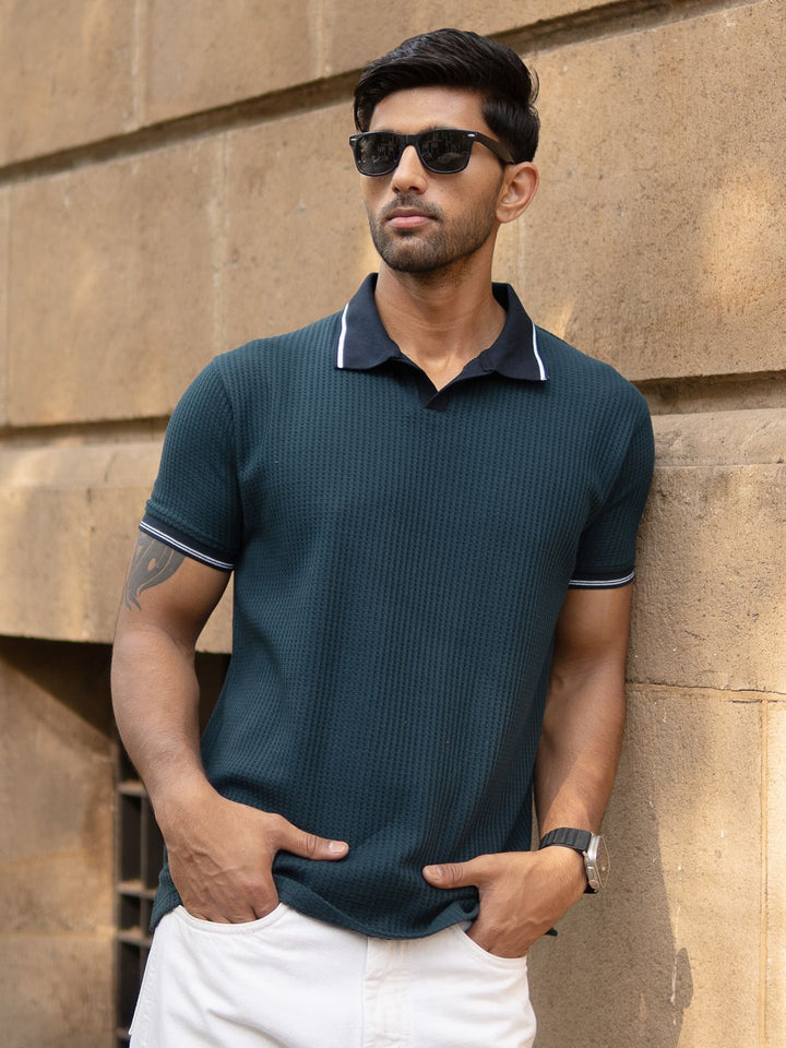 Powerlook SS25 Textured Contrast Polo Collar T-Shirt