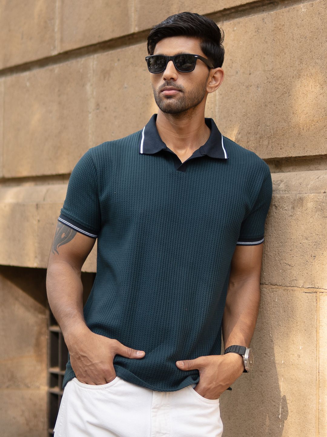Powerlook SS25 Textured Contrast Polo Collar T-Shirt