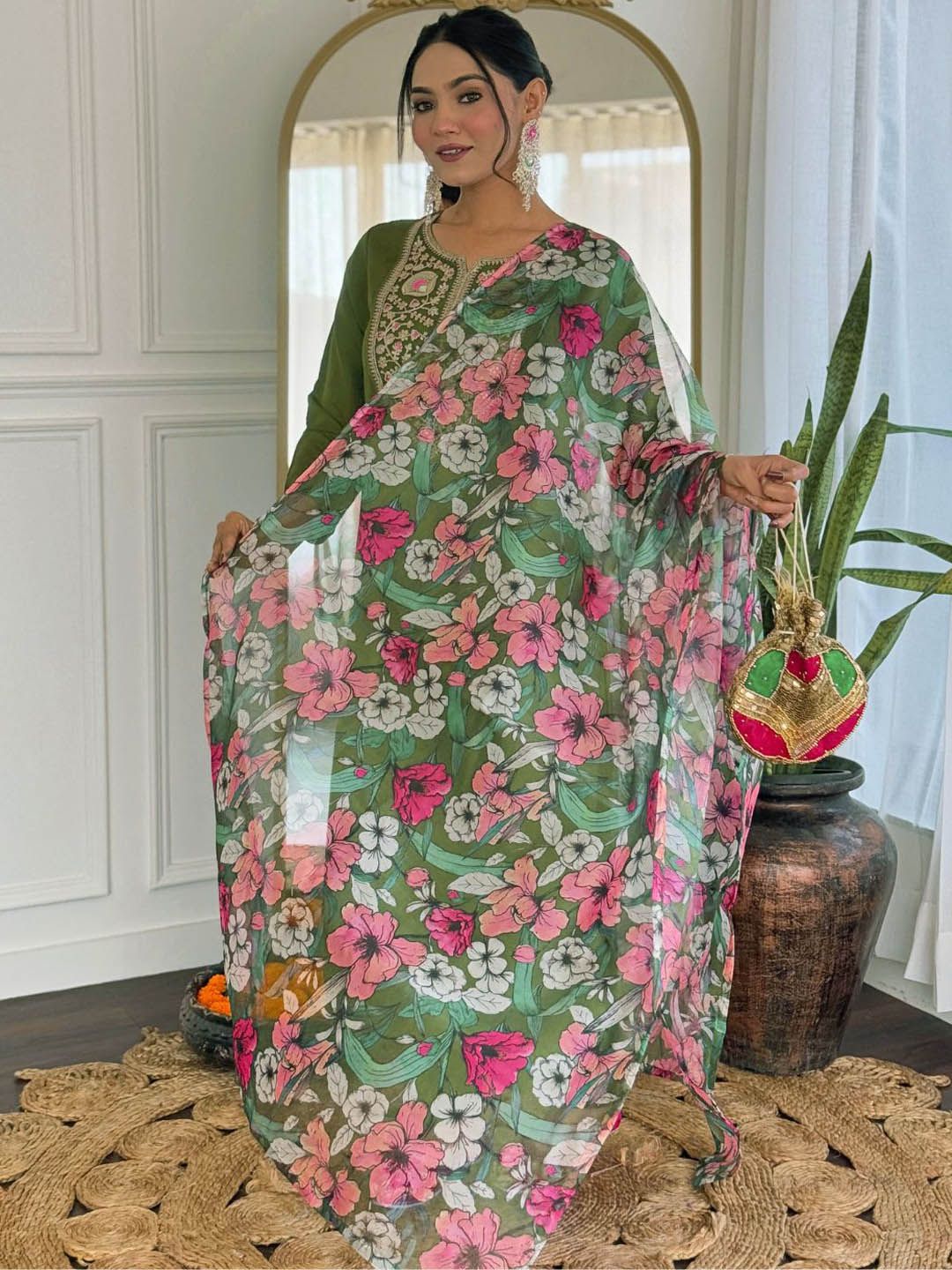 KALINI Women Floral Embroidered Regular Chikankari Kurta with Trousers & With Dupatta