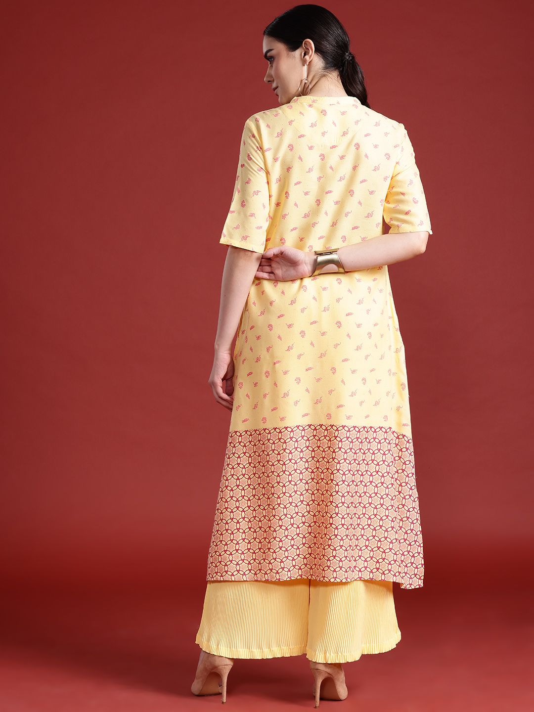 Anouk Printed High-Low Kurta with Pleated Palazzos