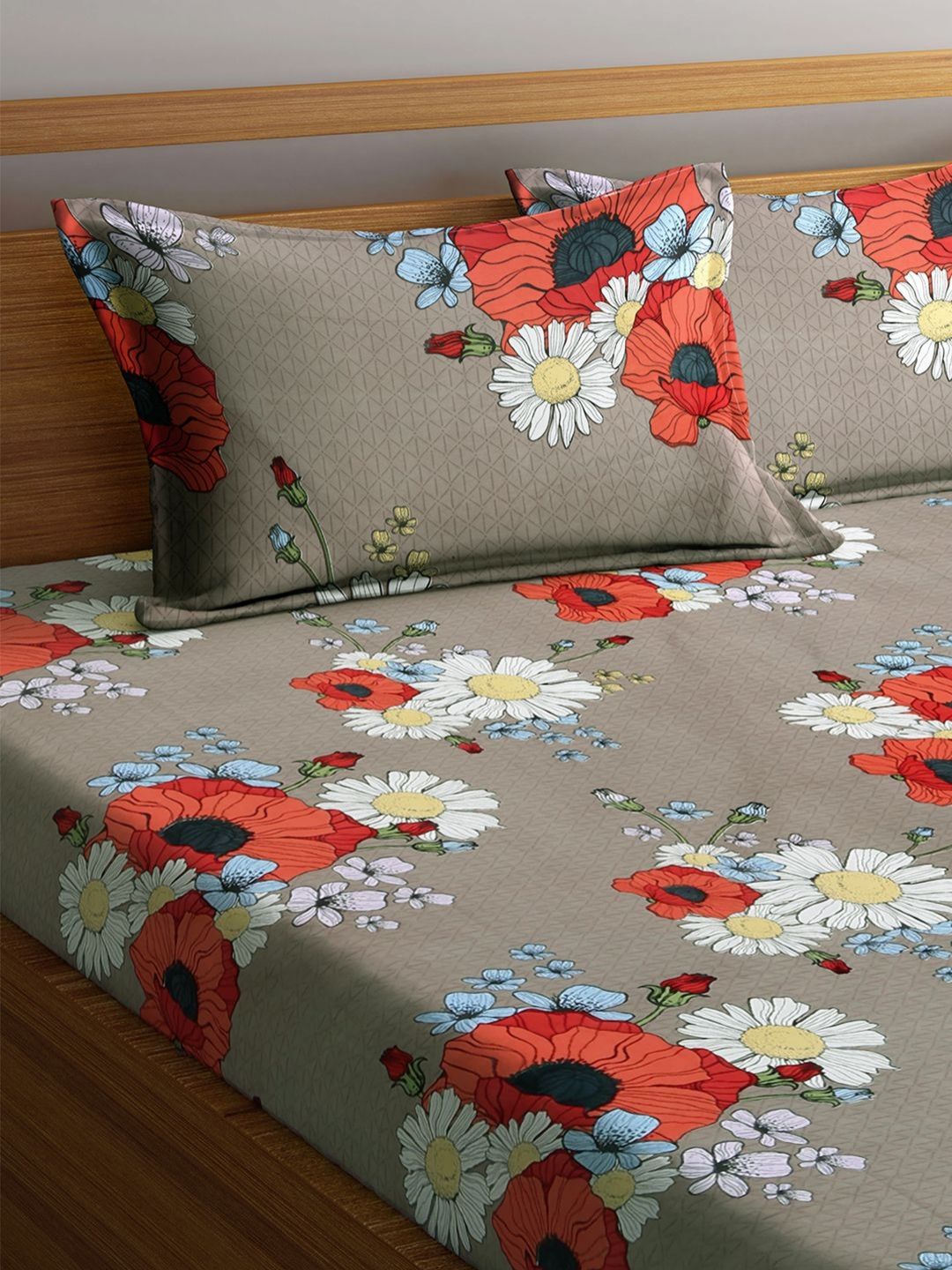 Myntra Elegant Homes Grey & Red Floral 300 TC King Bedsheet with 2 Pillow Covers