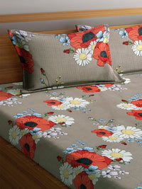 Myntra Elegant Homes Grey & Red Floral 300 TC King Bedsheet with 2 Pillow Covers
