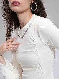 Tokyo Talkies Women Ribbed Mock Neck Bell Sleeve Fitted Top