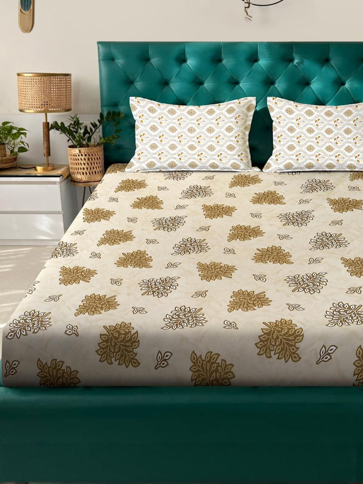 KLOTTHE Yellow Floral 400 TC King Bedsheet with 2 Pillow Covers