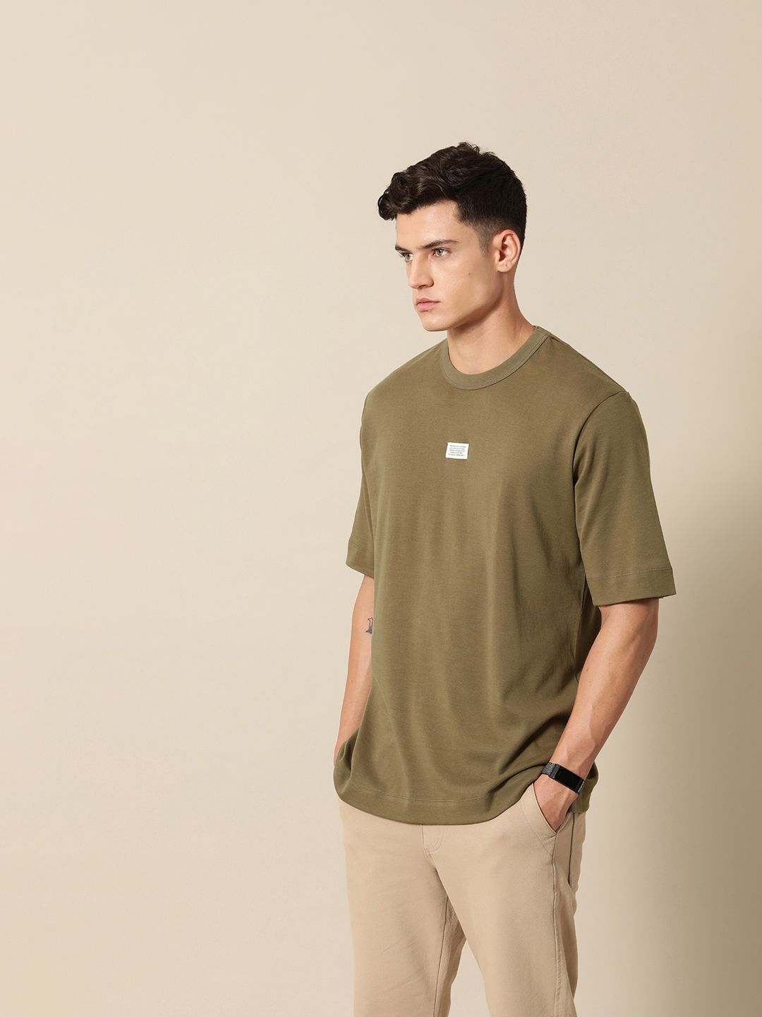 Mr Bowerbird Solid Pure Cotton Casual Oversized T-shirt With Patchwork Detail