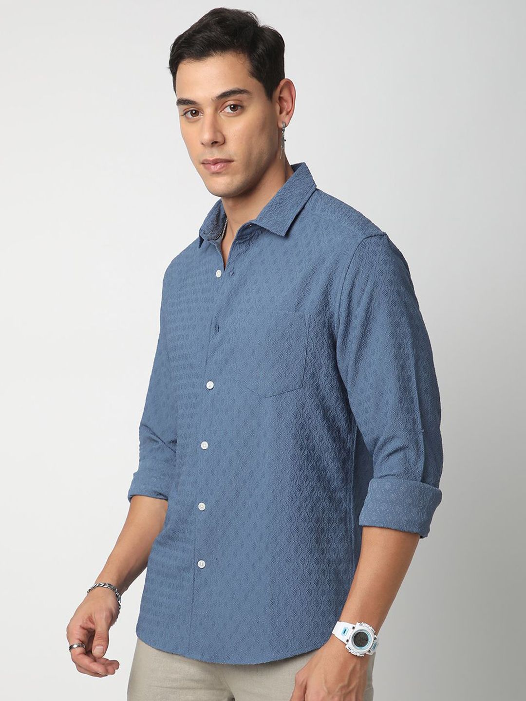 VASTRADO Men Classic Cutaway Collar Textured Slim Fit Casual Shirt