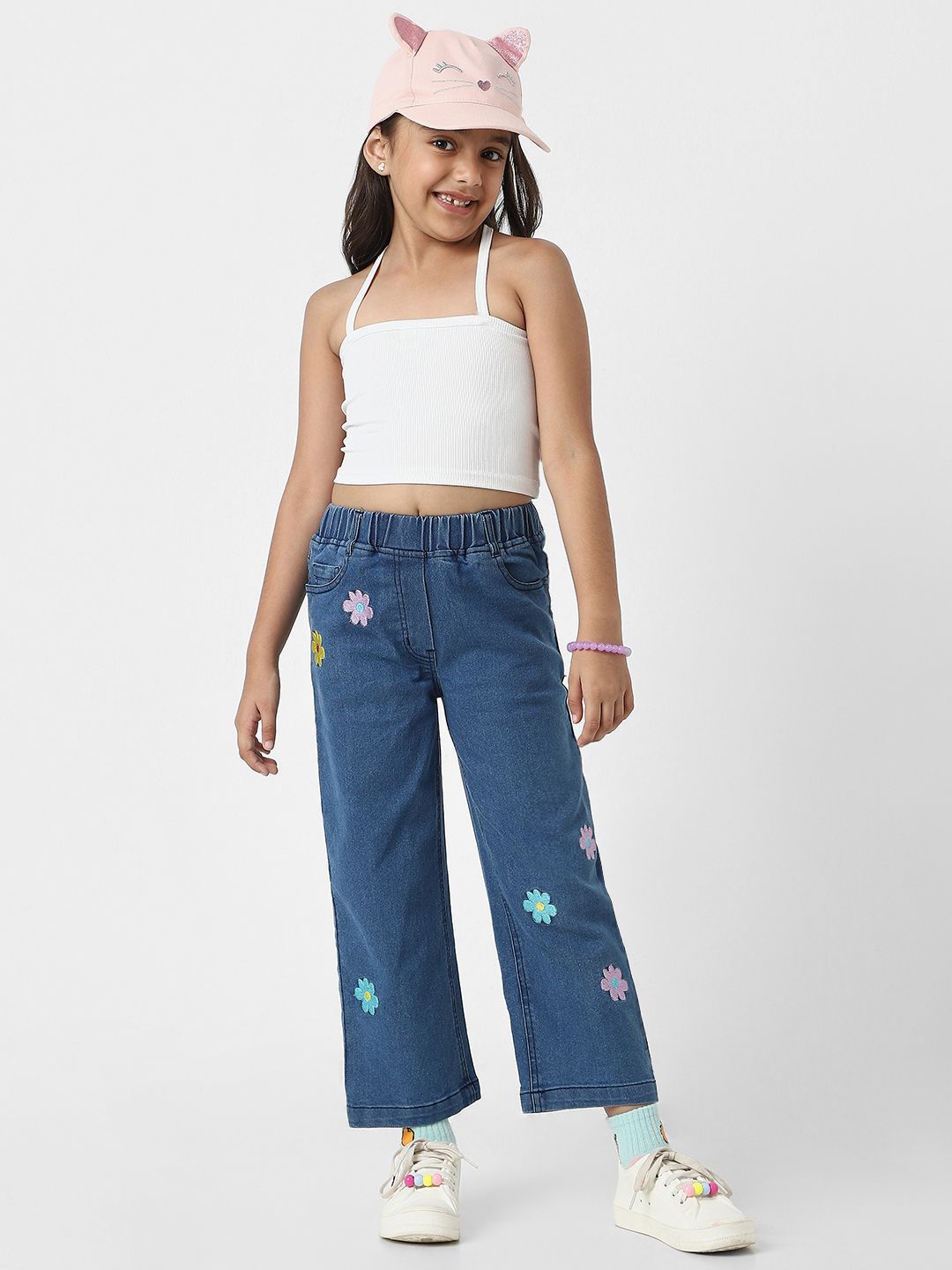 Nauti Nati Girls Cotton Denim Jeans with Little Flower Appliques