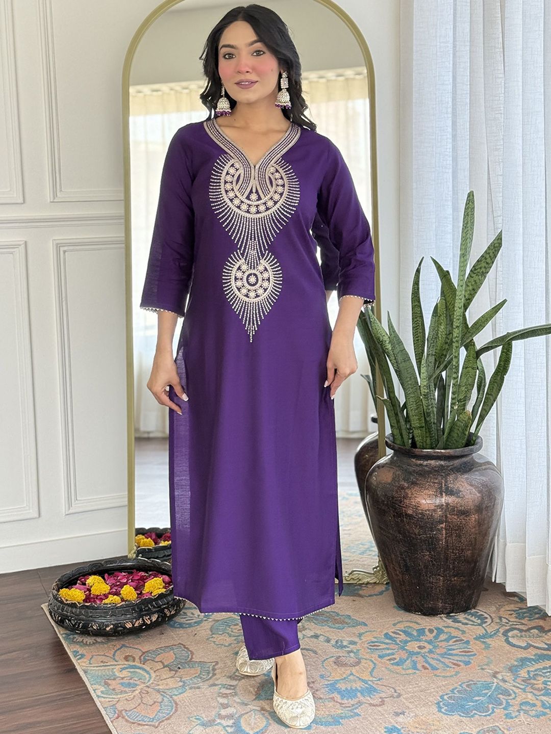 KALINI Women Ethnic Motifs Embroidered Regular Thread Work Pure Silk Kurta Set & Dupatta