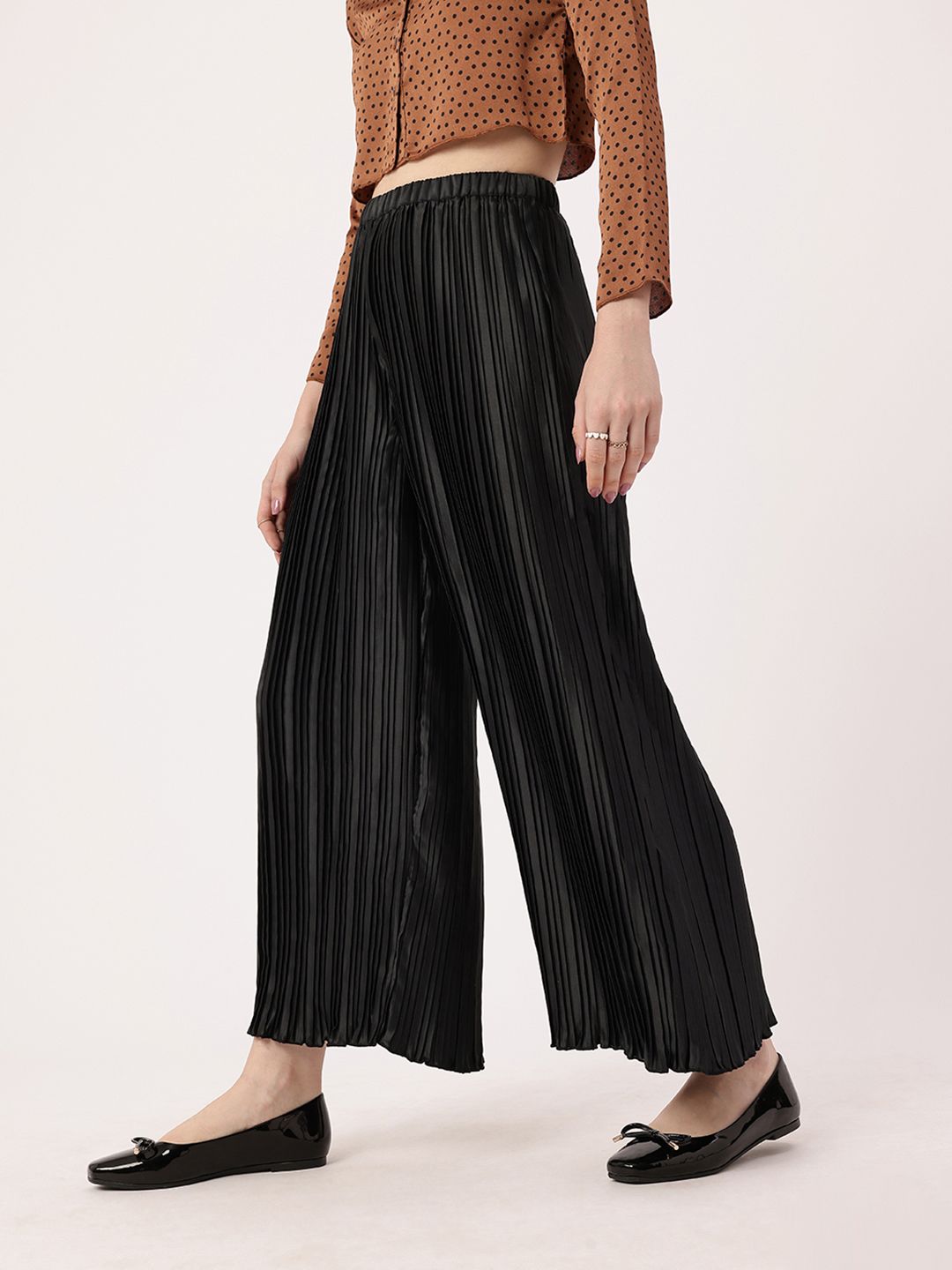 DressBerry Women Luxurious Layers Accordion Pleated Satin Finish Wide Leg Trousers
