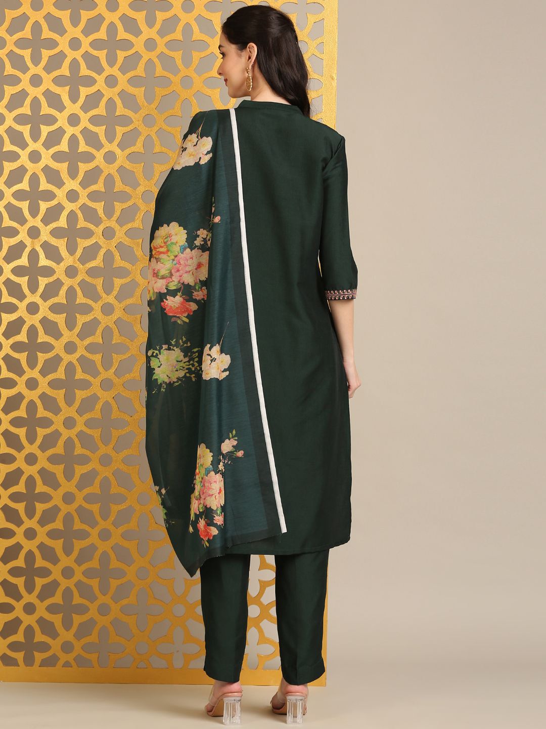 Anouk Floral Embroidered Straight Kurta With Trouser And Dupatta
