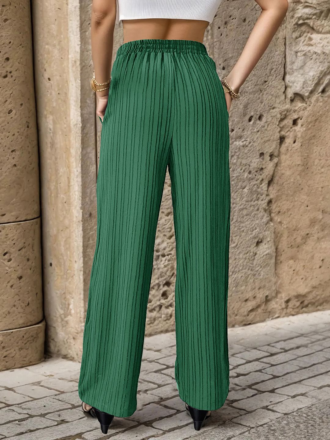 DressBerry Women Modern Classics Self-Striped Waist Tie-Up Trousers