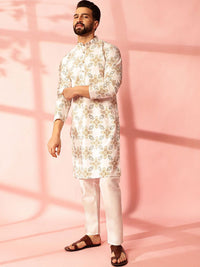 Anouk Geometric Printed Mandarin Collar Cotton Linen Kurta Lurus