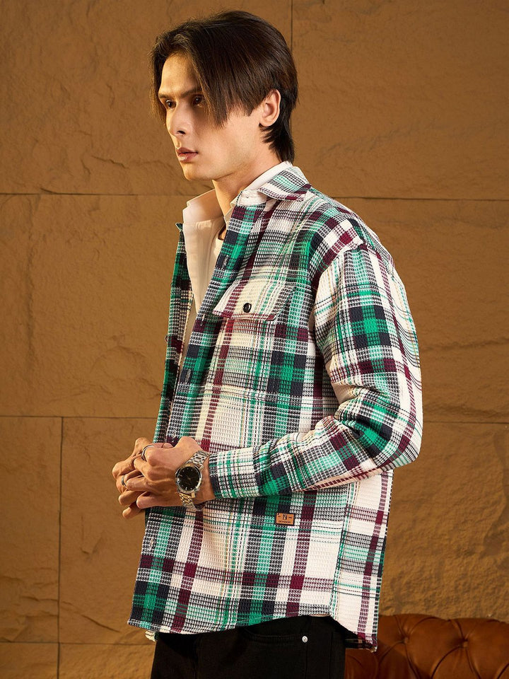 DENNISON Men Double Pocket Drop Shoulder Oversized Cotton Checked Shacket