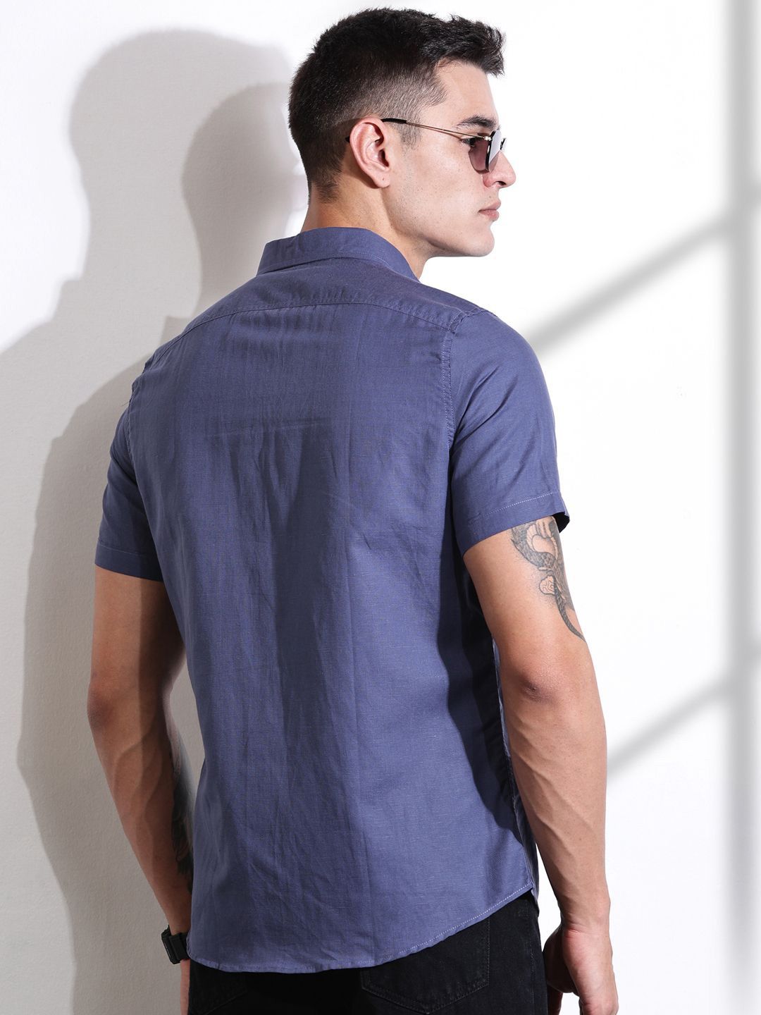 Thomas Scott Men Classic Slim Fit Spread Collar Solid Linen Casual Shirt