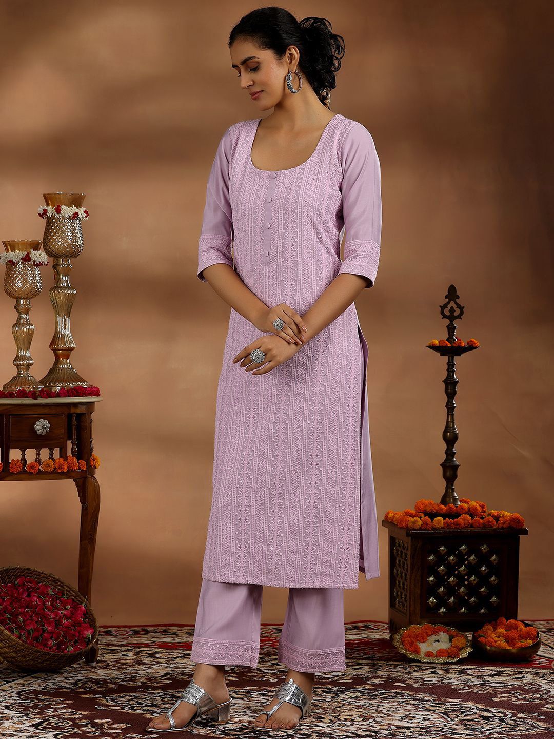 Libas Floral Embroidered Regular Sequinned Kurta with Trousers & Dupatta