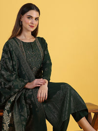 W Green Floral Embroidered Round Neck Straight Kurta With Trousers And Dupatta