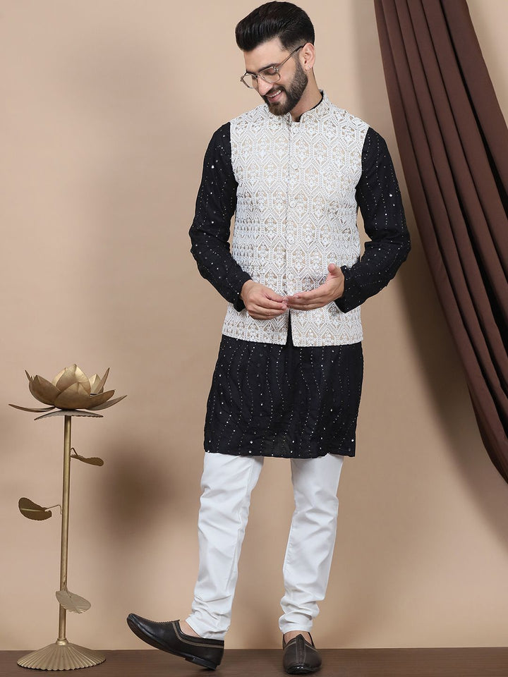 Anouk Floral Embroidered Sequinned Pure Cotton Straight Kurta With Churidar & Nehru Jacket